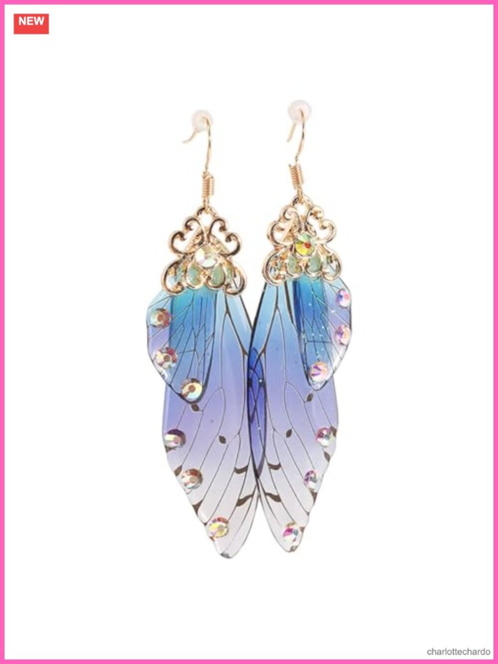 Gold Plated Butterfly Wing Dangle Earrings Women Rhinestone Drop Fairy Jewelry